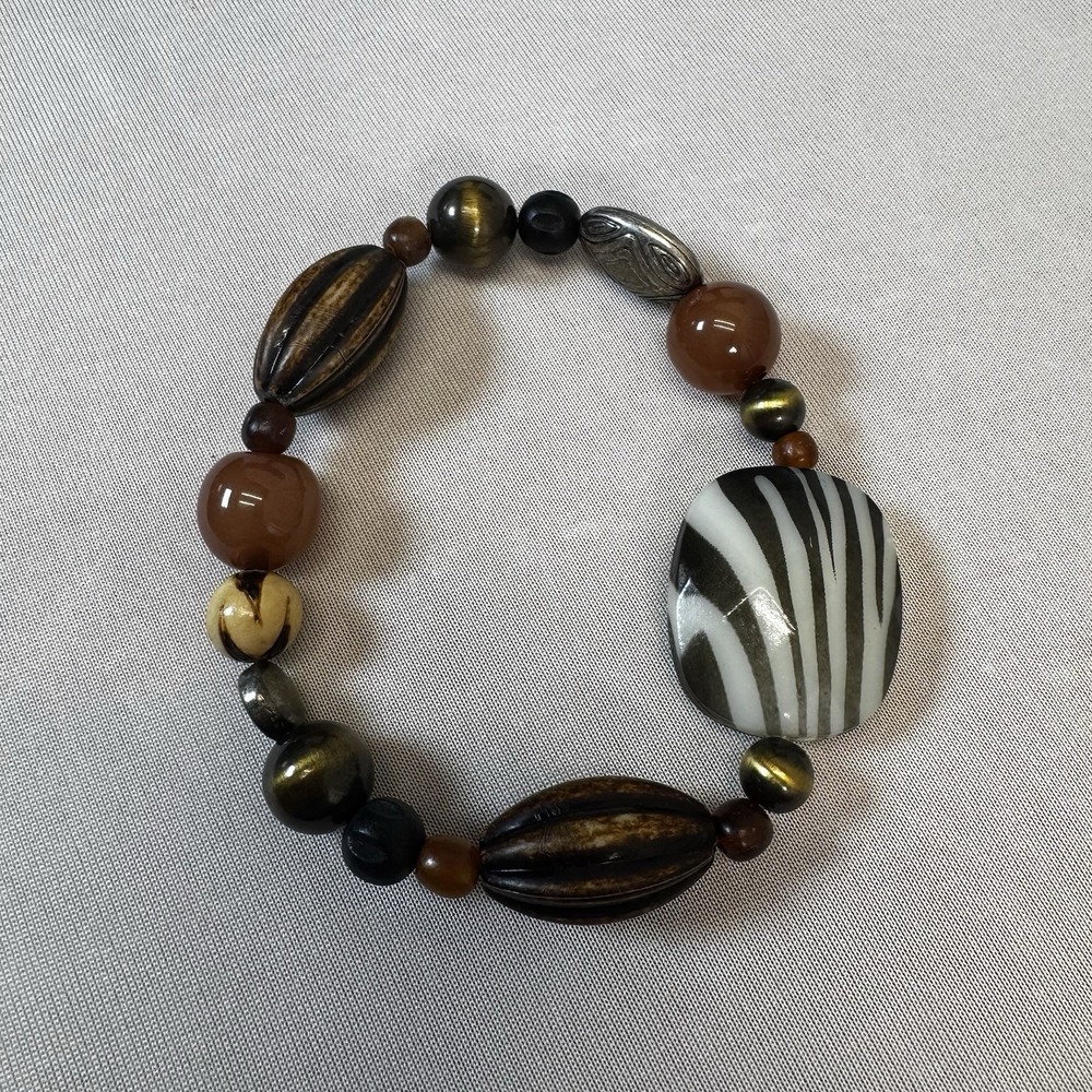 Beaded Stretch Bracelet - Brown, Wood,‎ Zebra Striped
